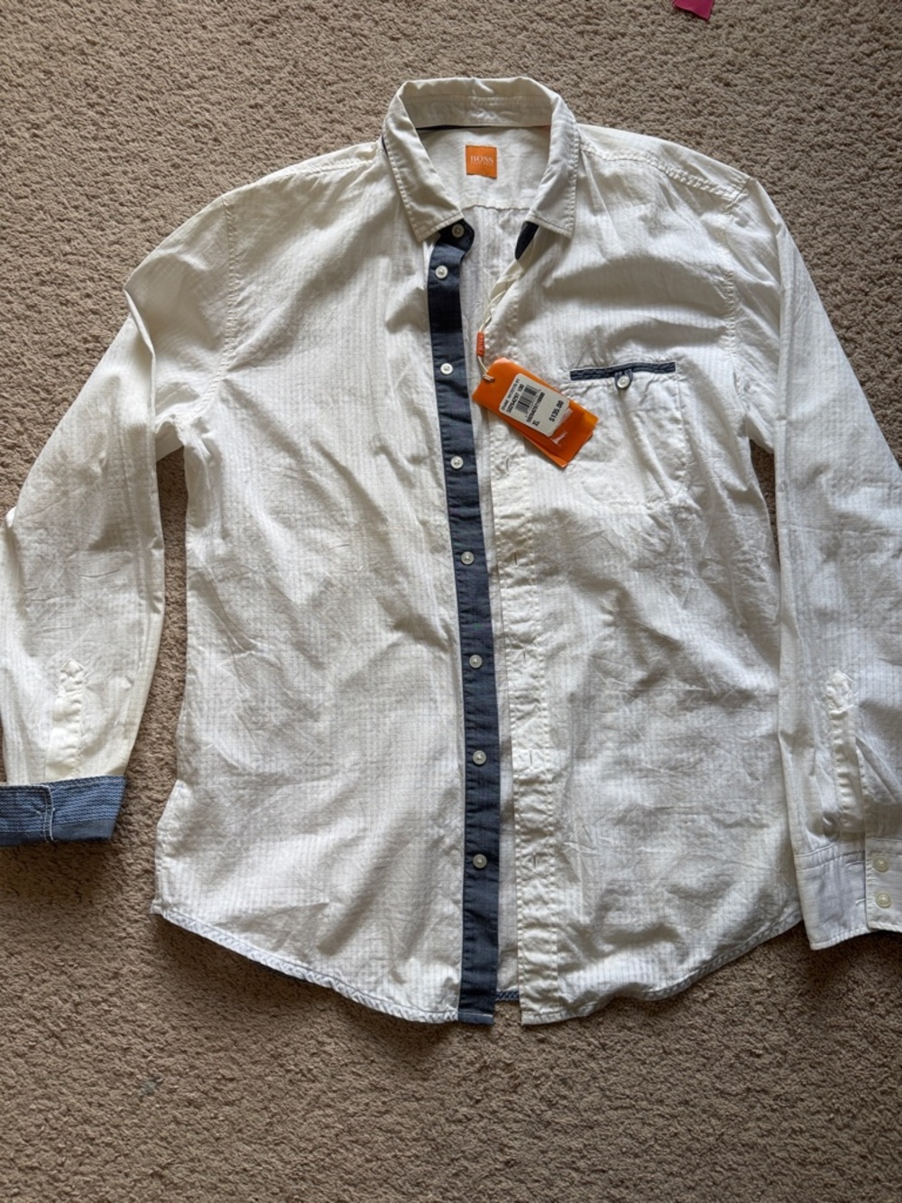 BOSS White Long-Sleeve Button-Down Shirt with Navy Contrast Placket